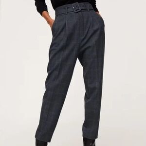 MNG Mango High Waist Plaid Tapered Belted Trousers Pants Size 34 US 2 XS